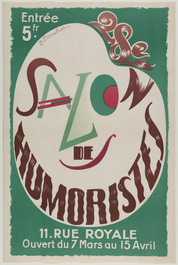 Plakat, das eine Humoristenvorstellung in Paris, Frankreich, ankündigt, mit Text, der die Angebote beschreibt.