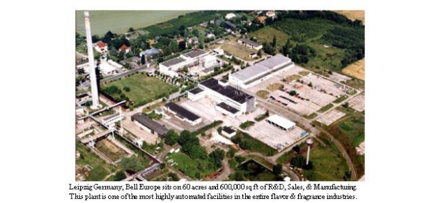 Luftaufnahme einer großen Industrieanlage in Leipzig, Deutschland, beschriftet mit 'Bell Europe', mit Gebäuden, Bäumen, Straßen und anderen Infrastruktur.