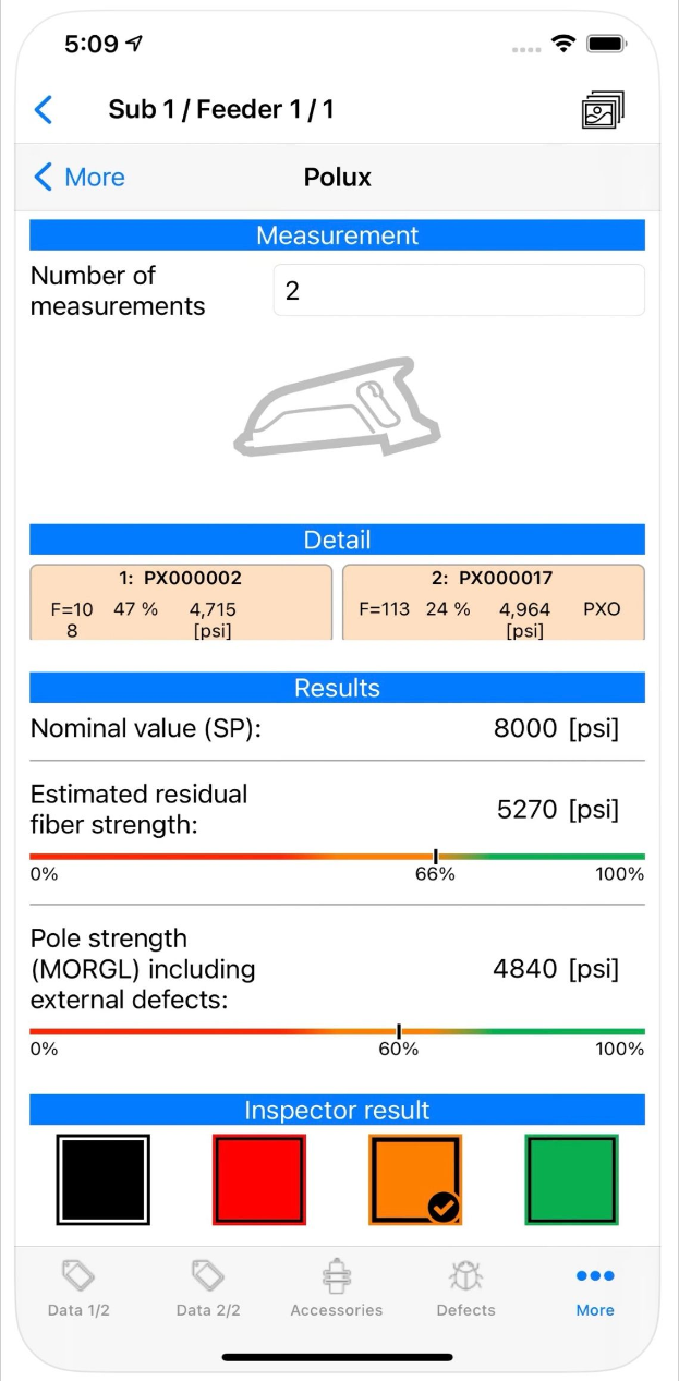 Ein Handy-Bildschirm mit Messwerten, dem Text "Polux" und zugehörigen Icons.