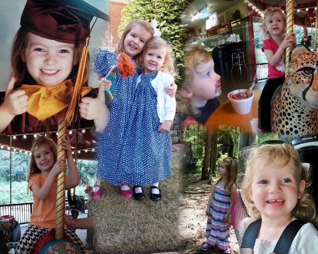 Collage mit lustigen Fahrgeschäften, Kindern an einem Tisch mit Essen, Besteck, umgeben von Grünpflanzen und dekorativen Lichtern.