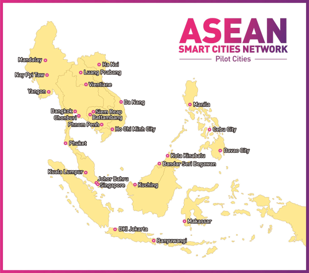 Karte des ASEAN-Netzwerks intelligenter Städte, das Pilotstädte hervorhebt und detaillierte Stadt- und Ortslagen innerhalb des Netzwerks zeigt.