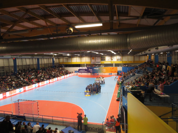 Große Halle mit Zuschauern bei einem Handballspiel, mit Sitzplätzen und Stehplätzen, Netz auf der linken Seite, Hintergrundtafeln mit Text und Deckenleuchten und Rohren.