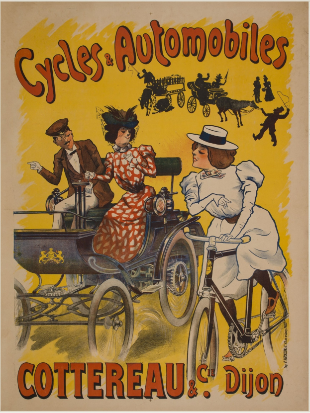 Plakat bewirbt Fahrräder und Automobile in Cottereau und Dijon, Frankreich, mit Menschen auf Fahrrädern und einer Kutsche mit "Fahrräder und Automobile" oben drauf.