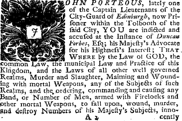 Schwarz-weißes Bild eines Mannes in Anzug und Krawatte mit einem Dokument mit Text und einem Design, einschließlich des Namens "John Porteous" und einer Anklage.