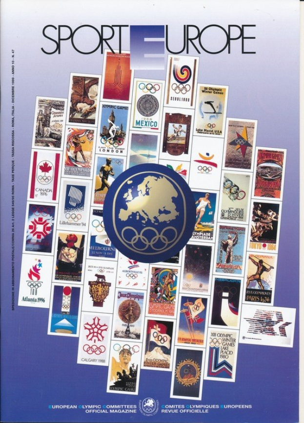 Ein Buch mit dem Titel "Sporting Europe" mit einem bunten Cover, das Olympische Symbole und Entwürfe aus europäischen Spielen zeigt.