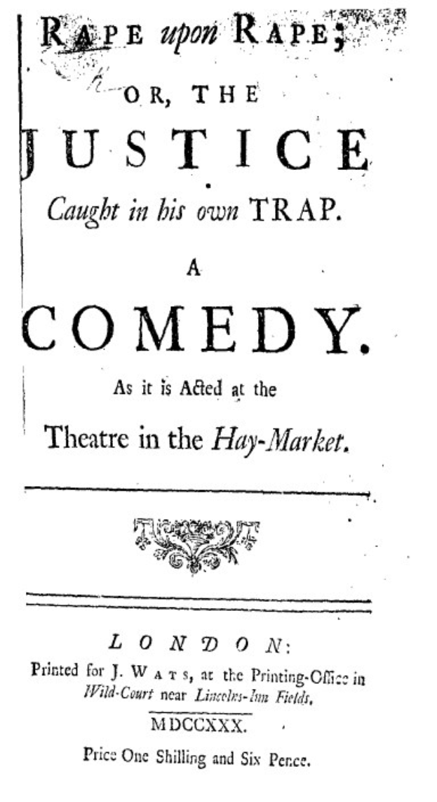Schwarzes und weißes Plakat mit fetter schwarzer Schrift, die 'Vergewaltigung über Vergewaltigung oder die Gerechtigkeit, die in ihrer eigenen Falle gefangen ist' liest, wahrscheinlich Ankündigung einer Comedy-Show.