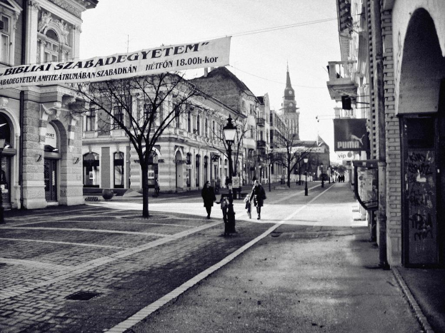 Eine Straßenansicht mit Gebäuden auf beiden Seiten, einem Banner oben links, Laubbäumen, dekorativen Laternen und einigen Fußgängern.