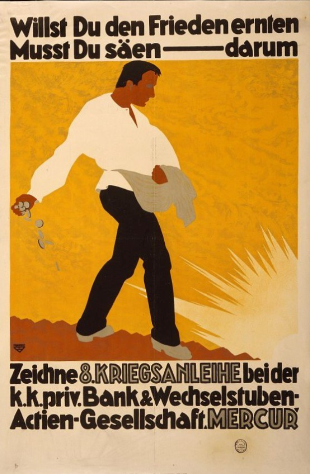 Deutsches Propagandaplakat für die Bank von Deutschland mit einem Mann in einem weißen Hemd und schwarzen Hosen mit Text, der die Dienstleistungen der Bank bewirbt.