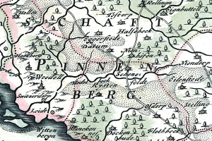 Detailiertes altes Stadtplan von Painen, Deutschland, zeigt Straßen, Gebäude und Sehenswürdigkeiten mit begleitendem Text über Bevölkerung, Straßen und bemerkenswerte Merkmale.