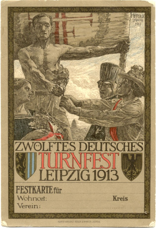 Plakat für das Zwölfte Deutsche Turnfest Leipzig 1913 mit einer zentralen Personengruppe und Text über das Ereignis.