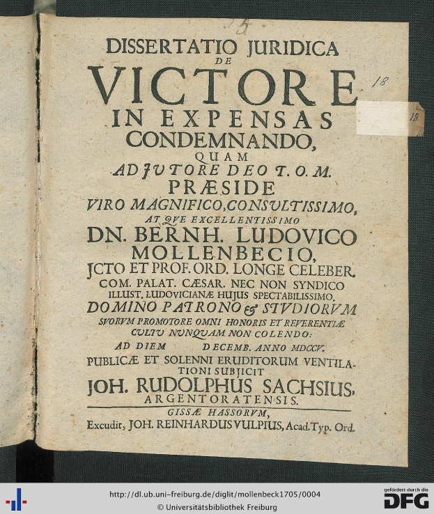 Offenes Buch mit dem Titel "Dissertation Juridica de Victore in Expensas Condemando" und sichtbarem Text, der auf eine Sammlung von gerichtsbezogenen Dokumenten hinweist.