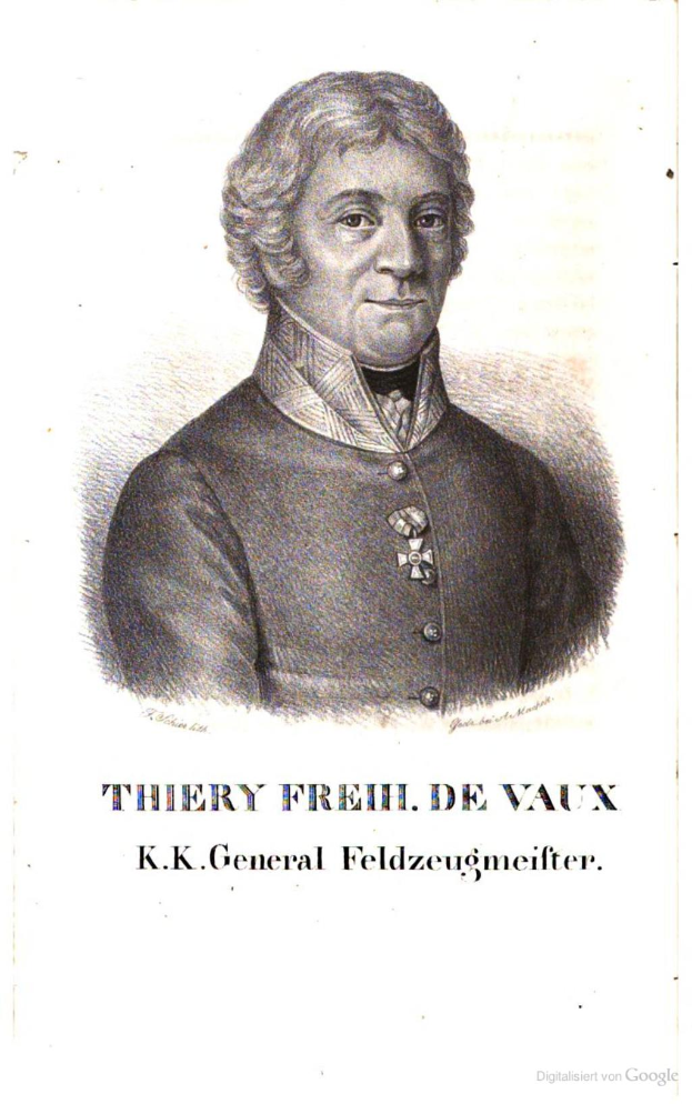 Portrait von Thierry Freih de Vaux, einem deutschen General, in einem schwarzen Kleid, mit Text unten, der "thierry freih de vaux - k k general feldzeugmeister" liest.