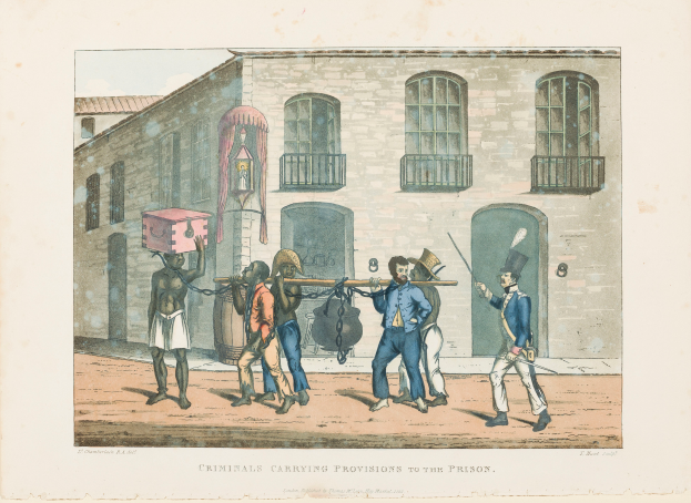 Eine Gruppe von Männern trägt eine Kiste auf dem Kopf vor einem Gebäude mit Fenstern, Geländern und einer Tür; Text unten lautet "Kriminelle tragen Vorräte ins Gefängnis."