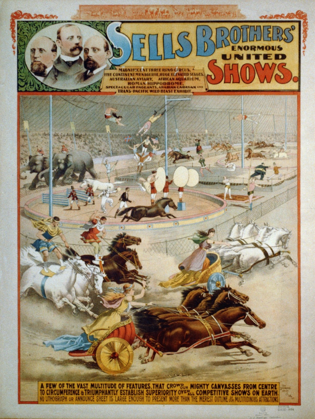 Plakat, das Sell's Brothers' Riesige Vereinigte Shows bewirbt, zeigt eine Gruppe von Menschen, die auf Pferden in einem Zirkus reiten, mit Text, der das Ereignis beschreibt.