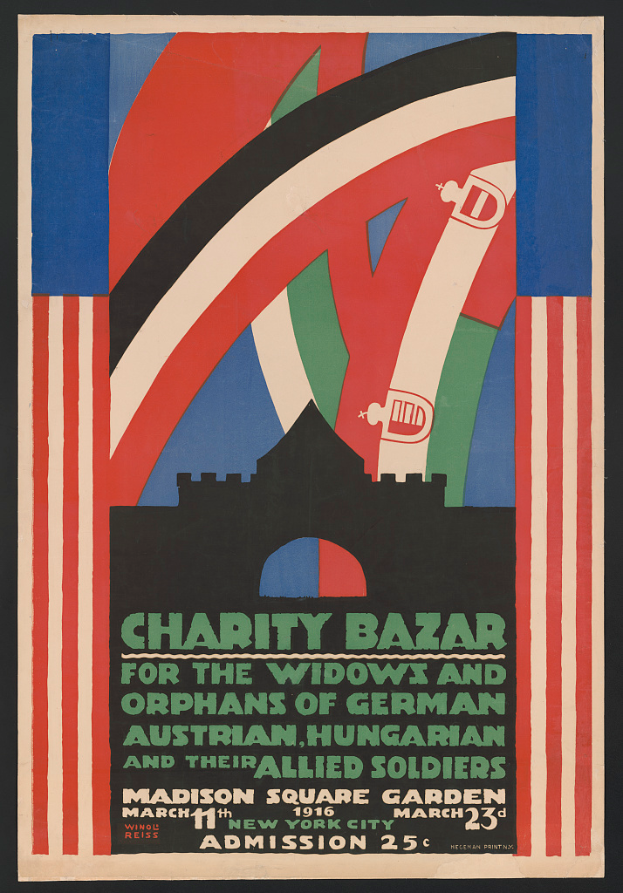 Plakat für einen Wohltätigkeitsbasar zugunsten der Witwen und Waisen deutscher, australischer, ungarischer und alliierter Soldaten mit Textinformationen zum Event.