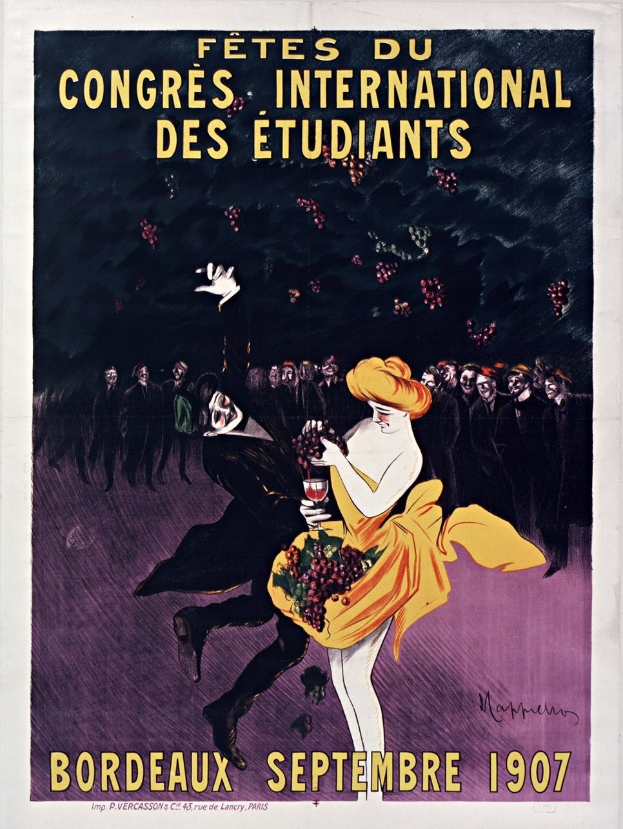 Plakat aus dem Jahr 1907, das eine Weinprobe in Bordeaux, Frankreich, ankündigt, mit einer Frau in einem gelben Kleid, die ein Weinglas hält, umgeben von einer Gruppe von Menschen.
