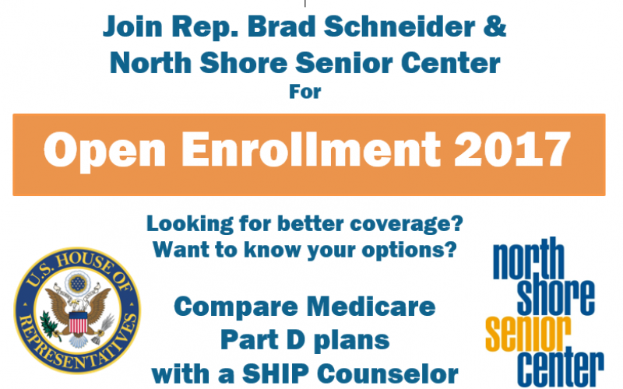 Ein Plakat mit dem Text 'Treten Sie ein für die Open Enrollment 2017 mit Rep. Brad Schneider und North Shore Senior Center' und einem Logo.
