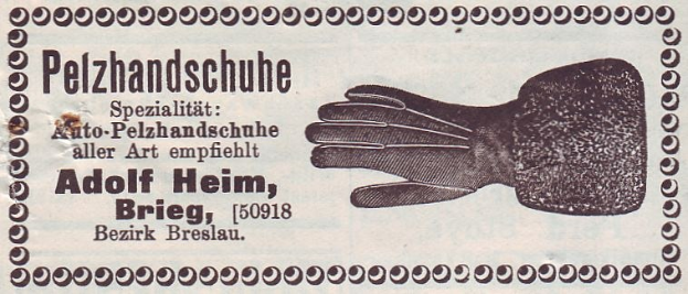Alte deutsche Visitenkarte mit einer Illustration von einem Paar Handschuhen und gedrucktem Text, der den Inhalt beschreibt.