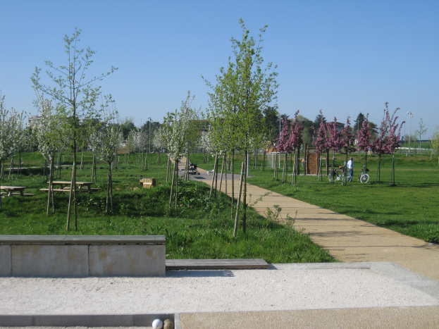 Ein Park mit einem gewundenen Pfad, der von Bäumen und Bänken gesäumt ist, Menschen, die Fahrräder fahren, Gebäude im Hintergrund und ein klarer blauer Himmel über saftig grünem Gras.