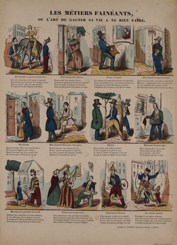 Ein altes Buch mit einer Karikatur eines Mannes in Zylinder und einer Frau in einem Kleid, die beide als Feen dargestellt sind und auf einem Papier mit Bildern und Text stehen.