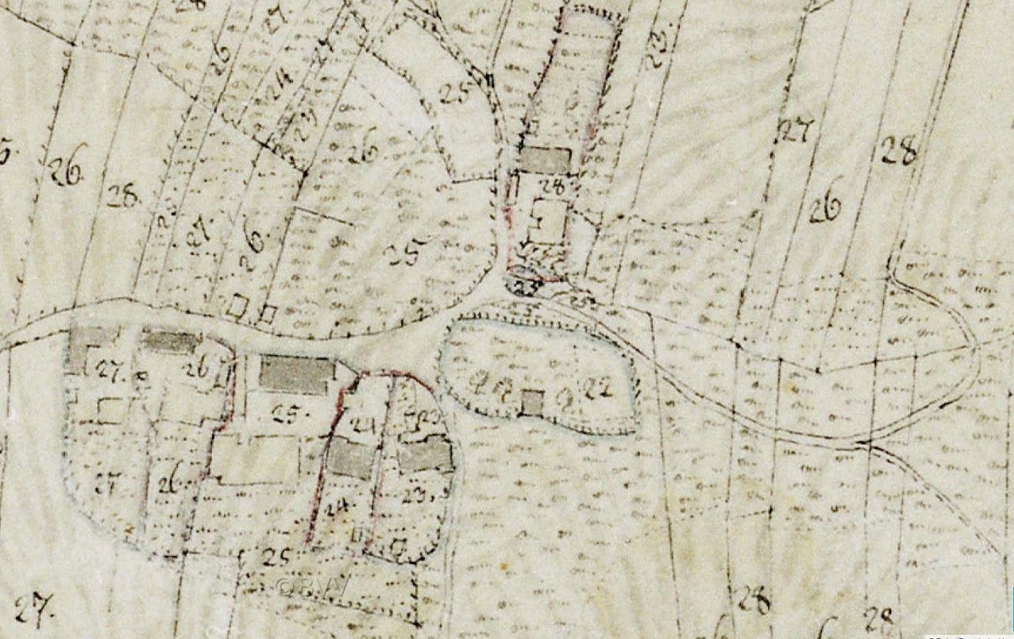 Ausfuhrliches altes Stadtplan mit nummerierten Gebauden, Strassen und Text, der eine vorgeschlagene Entwicklungsstelle am unteren Ende anzeigt.