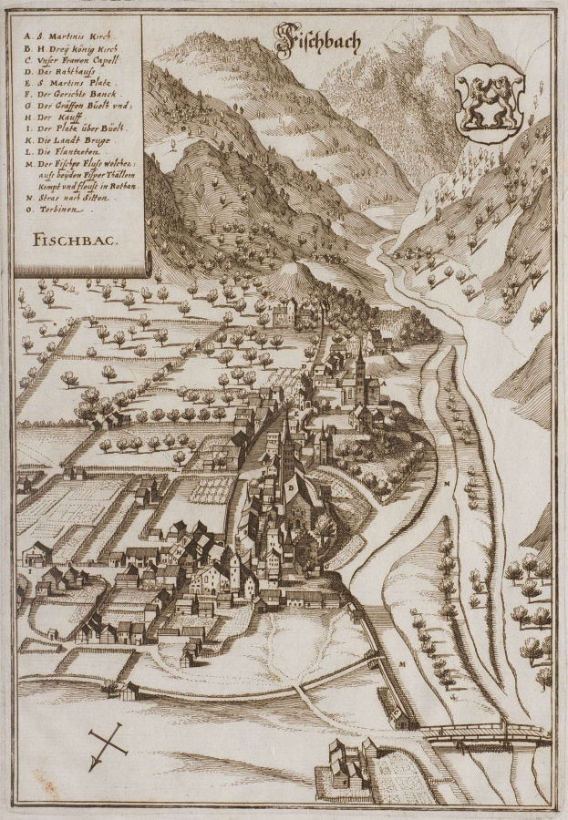 Alte Karte von Fischbach, Deutschland, mit H├Ąusern, B├Ąumen, H├Ęllen, einem gewundenen Fluss, Text und einem Logo auf altem Papier.