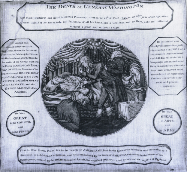 Ein Blatt mit einer Illustration von verstörten Menschen und fetter Schrift, die 'Der Tod von General Washington' lautet.