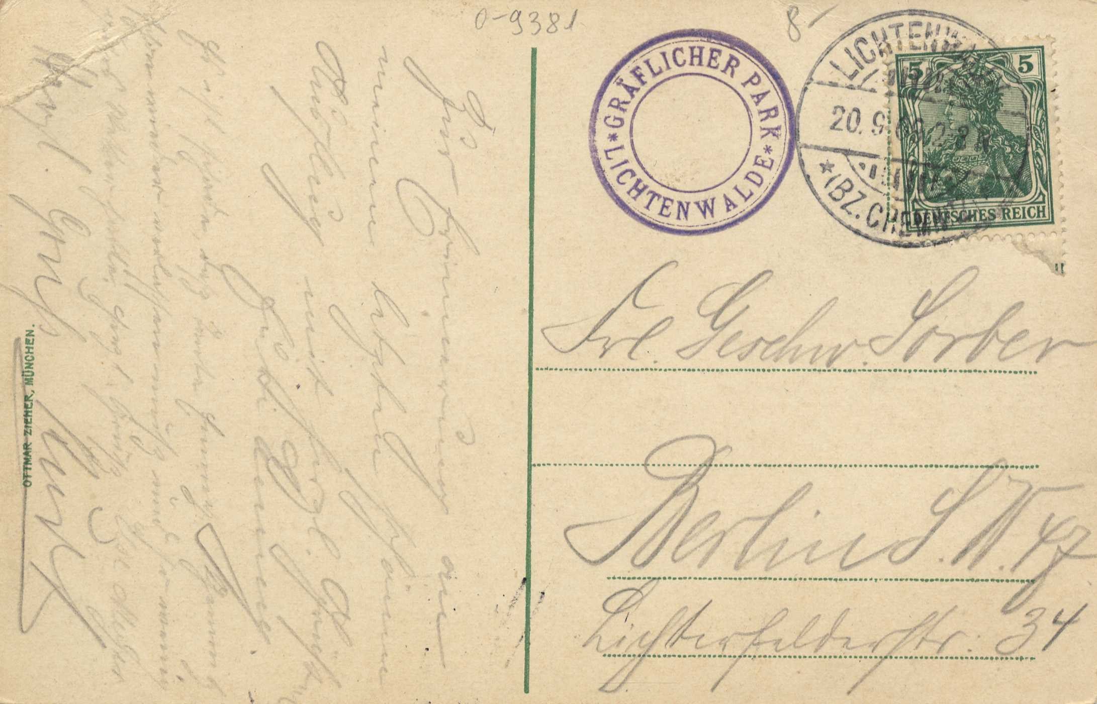 Alte Postkarte mit einer Briefmarke, auf der "Lichtenwald, Deutschland - Einschreiben nach Deutschland" steht, sowie handgeschriebener Text und zwei zusätzliche Briefmarken in der rechten oberen Ecke.