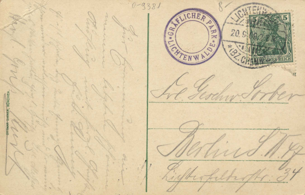 Alte Postkarte mit einer Briefmarke, auf der "Lichtenwald, Deutschland - Einschreiben nach Deutschland" steht, sowie handgeschriebener Text und zwei zusätzliche Briefmarken in der rechten oberen Ecke.