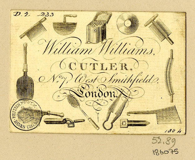 Ein altes Geschäftsvisitenkarte mit Zeichnungen verschiedener Werkzeuge wie Hammer, Säge, Bohrmaschine, Schraubenschlüssel, Schraubendreher und Zange, mit Text, der wahrscheinlich ihre Spezifikationen beschreibt.