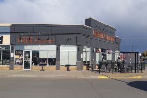 Ein Kaffeeladen an einer Straßenecke mit einer Straße im Vordergrund, einem Gebäude im Hintergrund, einigen Fahrzeugen, Bäumen und einem blauen und weißen Himmel.
