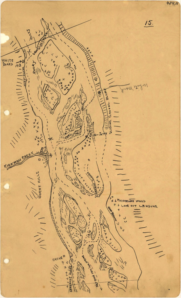 Detailiertes altes Stadtplan auf altem Papier mit handgeschriebenem Text, der Straßen, Gebäude, Parks und Sehenswürdigkeiten kennzeichnet.